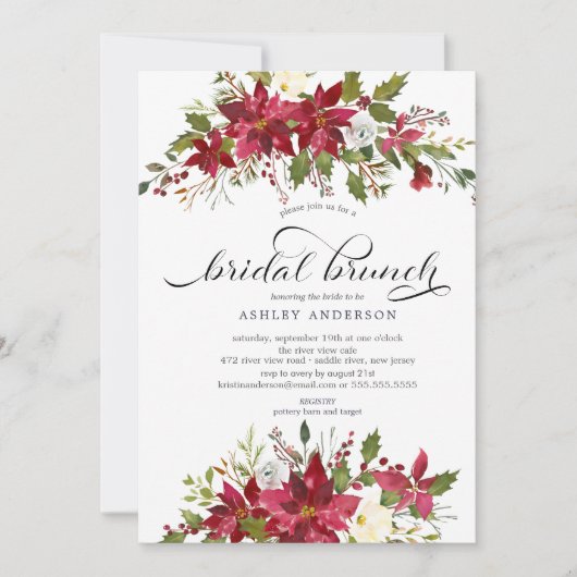 Red Poinsettia Holly Brautparty Brunch Einladung (Vorderseite)