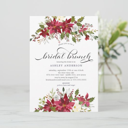 Red Poinsettia Holly Brautparty Brunch Einladung (Stehend Vorderseite)