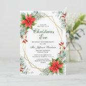 Red Poinsettia Holly Christmas Eve Party Einladung (Stehend Vorderseite)