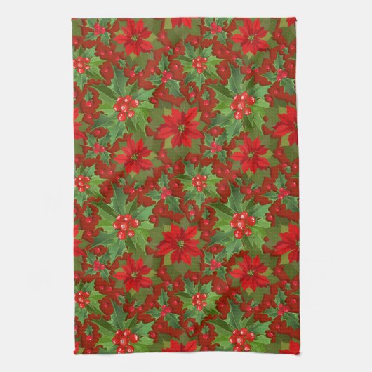 Red Poinsettia Holly Floral Pattern | Weihnachten Geschirrtuch (Vertikal)