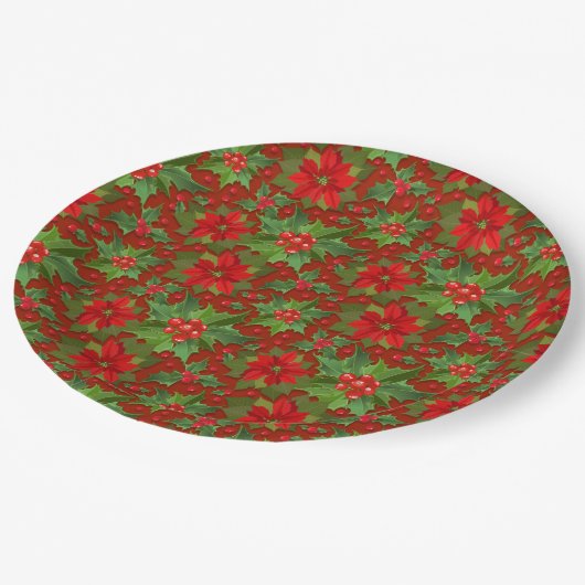 Red Poinsettia Holly Floral Pattern | Weihnachten Pappteller (Schrägansicht)
