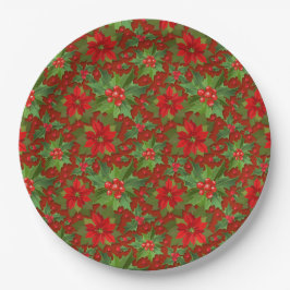 Red Poinsettia Holly Floral Pattern | Weihnachten Pappteller