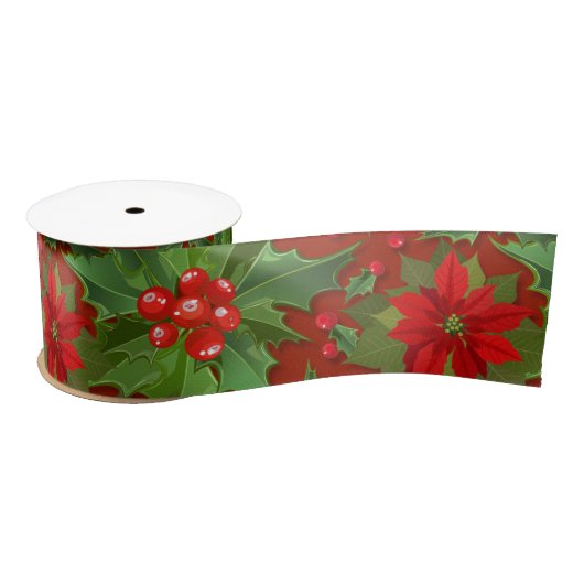 Red Poinsettia Holly Floral Pattern | Weihnachten Satinband (Spule)