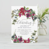 Red Poinsettia Holly Pine Birthday Party Einladung (Stehend Vorderseite)