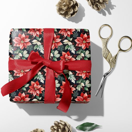 Red Poinsettia, Holly, Red Berries Christmas | Geschenkpapier