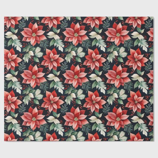 Red Poinsettia, Holly, Red Berries Christmas | Geschenkpapier (Flach)