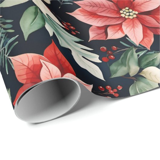 Red Poinsettia, Holly, Red Berries Christmas | Geschenkpapier (Rolleneckpunkt)