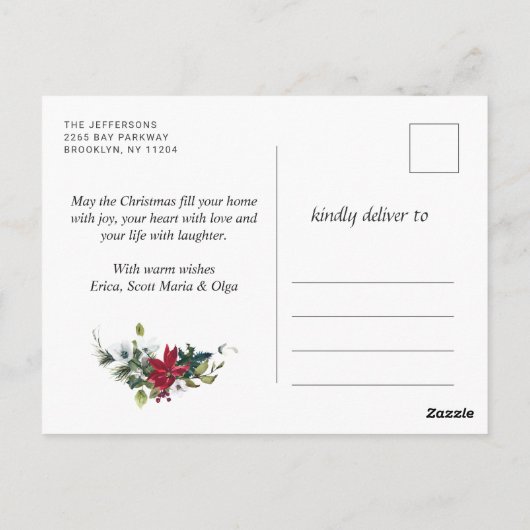 Red Poinsettia Holly Rustic Christmas Greeting Pos Postkarte (Rückseite)