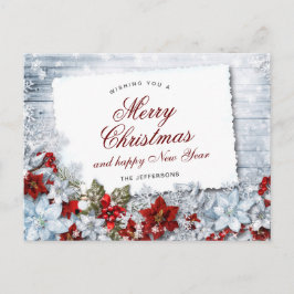 Red Poinsettia Holly Rustic Christmas Greeting Postkarte