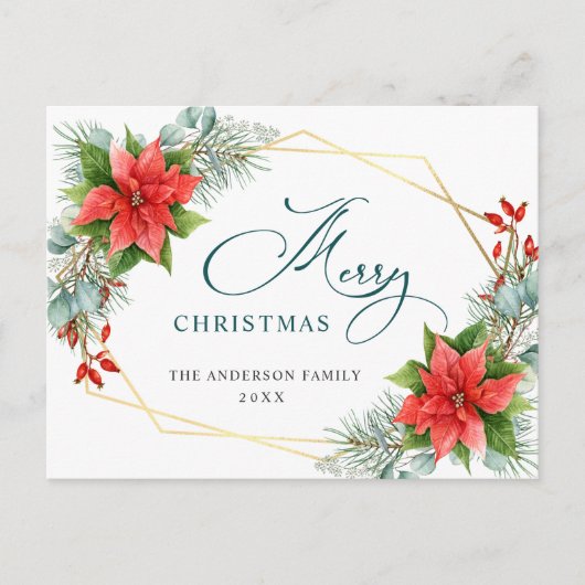 Red Poinsettia Holly Weihnachtsfeiertag Gruß Postkarte (Vorderseite)