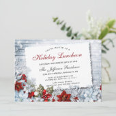 Red Poinsettia Holly Weihnachtsfeiertag Mittagesse Einladung (Stehend Vorderseite)