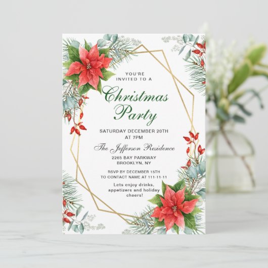 Red Poinsettia Holly Weihnachtsweihnachtsfest Part Einladung (Stehend Vorderseite)
