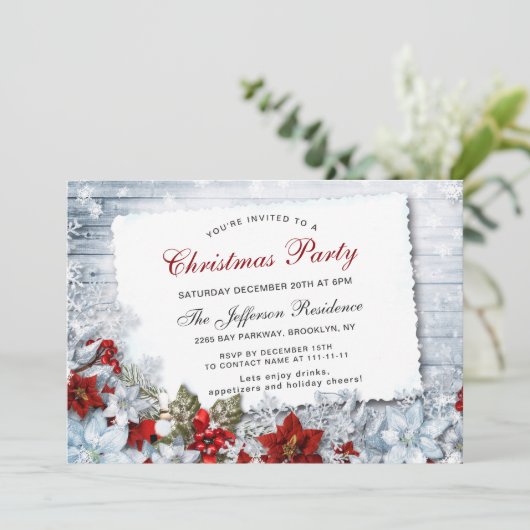 Red Poinsettia Holly Weihnachtsweihnachtsfest Part Einladung (Stehend Vorderseite)