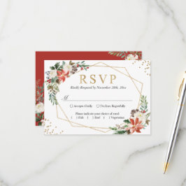 Red Poinsettia Ivory Floral Geometric Gold Wedding RSVP Karte