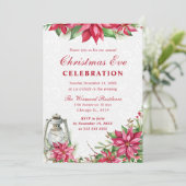 Red Poinsettia & Lantern Winter Christmas Eve Einladung (Stehend Vorderseite)