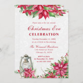 Red Poinsettia & Lantern Winter Christmas Eve Einladung (Vorne/Hinten)