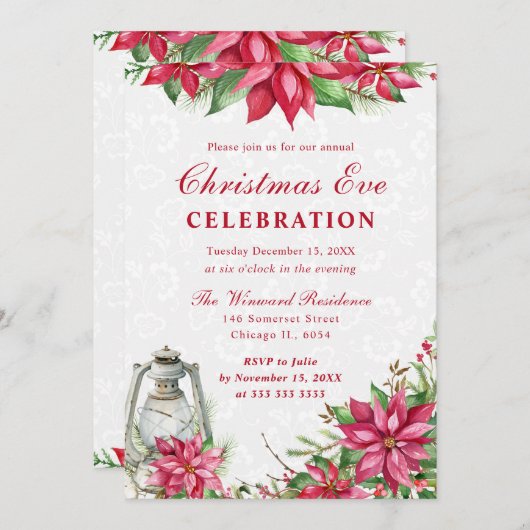 Red Poinsettia & Lantern Winter Christmas Eve Einladung (Vorne/Hinten)