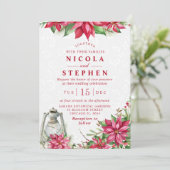Red Poinsettia & Lantern Winter Wedding Einladung (Stehend Vorderseite)