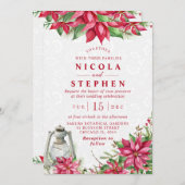 Red Poinsettia & Lantern Winter Wedding Einladung (Vorne/Hinten)
