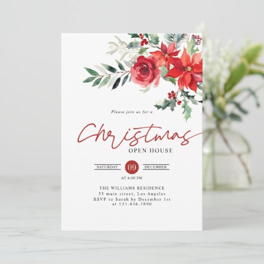 Red Poinsettia Open House Weihnachtsabend Party Einladung (Stehend Vorderseite)