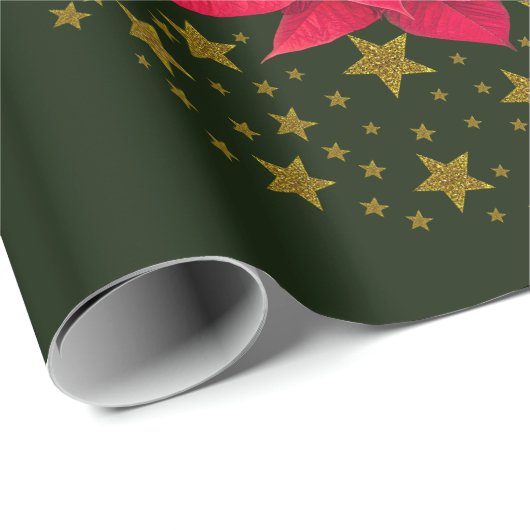 Red Poinsettia Pflanze auf Glitzer Sternenhimmel Geschenkpapier (Rolleneckpunkt)