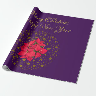 Red Poinsettia Pflanze auf Glitzer Sternenhimmel l Geschenkpapier