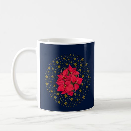 Red Poinsettia Pflanze über glitzernde Sternenblau Kaffeetasse (Links)