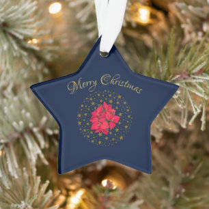 Red Poinsettia Pflanze über glitzernde Sternenblau Ornament