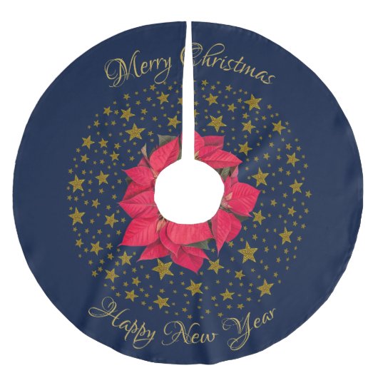 Red Poinsettia Pflanze über glitzernde Sternenblau Polyester Weihnachtsbaumdecke (Vorderseite)