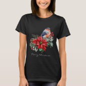 Red Poinsettia Pine Cone Bird Black Christmas T-Shirt (Vorderseite)