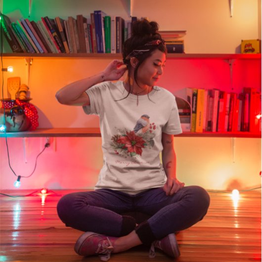 Red Poinsettia Pine Cone Bird Frohe Weihnachten T-Shirt