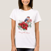 Red Poinsettia Pine Cone Bird Frohe Weihnachten T-Shirt (Vorderseite)