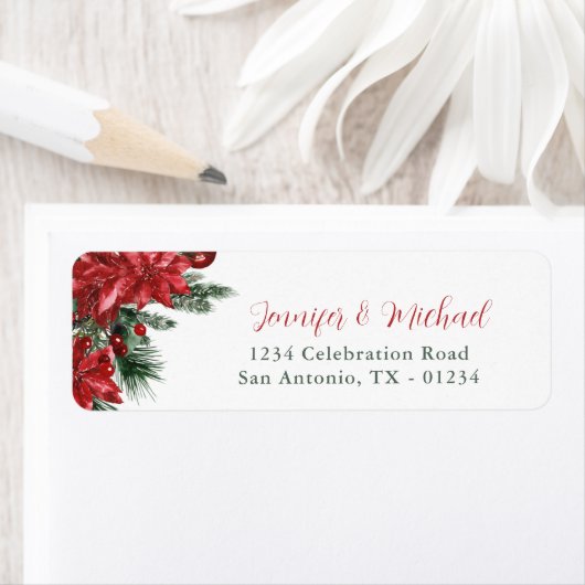 Red Poinsettia Pine Green Wedding Rücksendeadresse (Insitu)