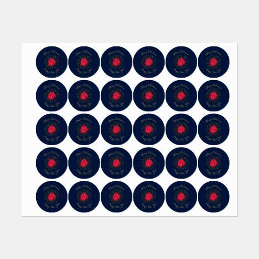 Red Poinsettia Plant on glittering starry blue sky Etiketten (Blatt)