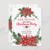 Red Poinsettia Save the Date Weihnachts-Party Ankündigungspostkarte (Vorne/Hinten)