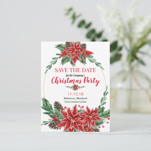 Red Poinsettia Save the Date Weihnachts-Party Ankündigungspostkarte (Stehend Vorderseite)