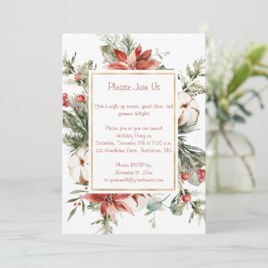 Red Poinsettia und Evergreens Weihnachts-Party Einladung (Stehend Vorderseite)