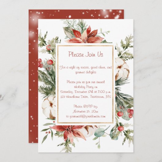Red Poinsettia und Evergreens Weihnachts-Party Einladung (Vorne/Hinten)