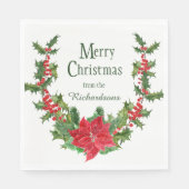 Red Poinsettia und Holly Berry Weihnachtskranz Serviette (Vorderseite)