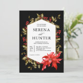 Red Poinsettia und Holly Winter Wedding Einladung (Stehend Vorderseite)
