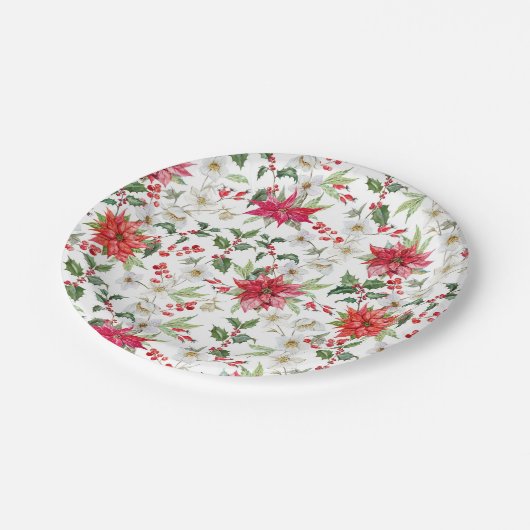 Red Poinsettia und Paperwhite Weihnachtsmuster Pappteller (Schrägansicht)