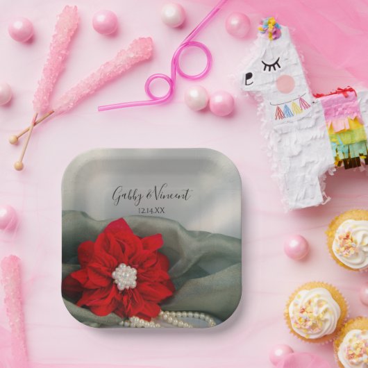 Red Poinsettia und Perlen auf der Grünen Winterhoc Pappteller (Party)