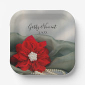 Red Poinsettia und Perlen auf der Grünen Winterhoc Pappteller (Vorderseite)