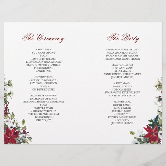 Red Poinsettia Watercolor Folded Wedding Program (Rückseite)
