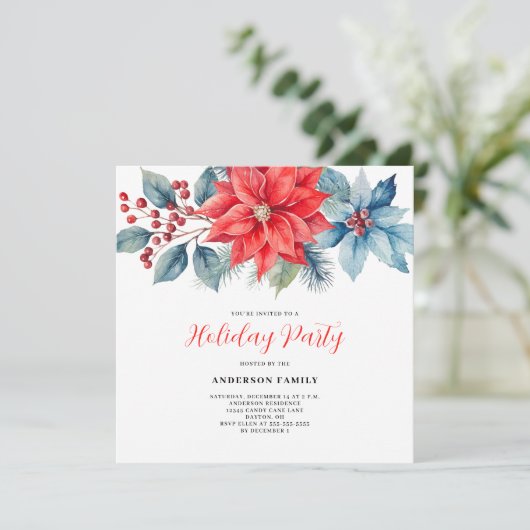 Red Poinsettia Watercolor Weihnachten Einladung (Stehend Vorderseite)