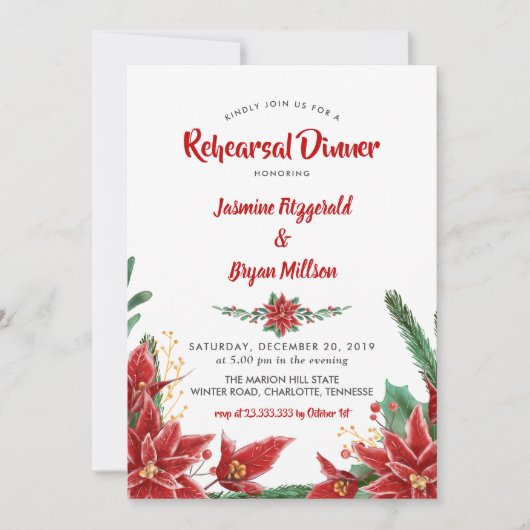 Red Poinsettia Weihnachtsessen Hochzeit Probe Dinn Einladung (Vorderseite)