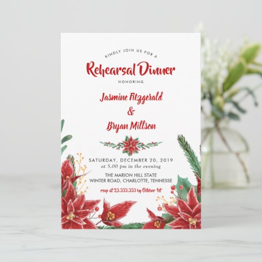 Red Poinsettia Weihnachtsessen Hochzeit Probe Dinn Einladung (Stehend Vorderseite)
