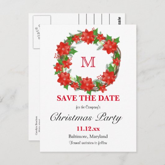 Red Poinsettia Weihnachtsfeier Monogram Holiday Postkarte (Vorne/Hinten)