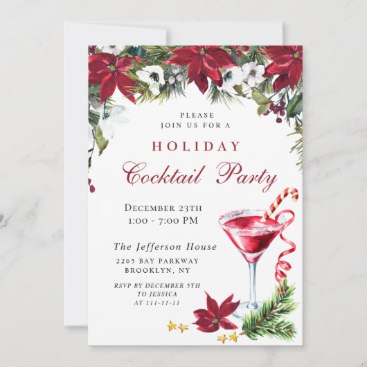 Red Poinsettia Weihnachtsfeiertag Cocktail Party Einladung (Vorderseite)