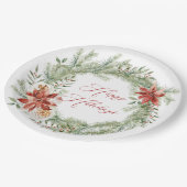 Red Poinsettia Weihnachtsgrün Wreath Pappteller (Schrägansicht)